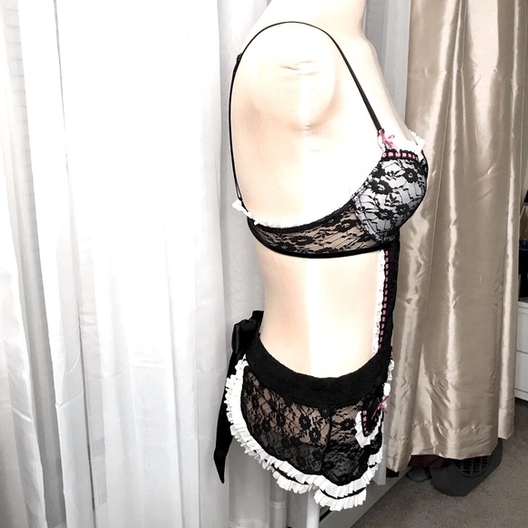 French Maid Lingerie ribbon lined play suit lingerie apron costume black 34B - Picture 2 of 9